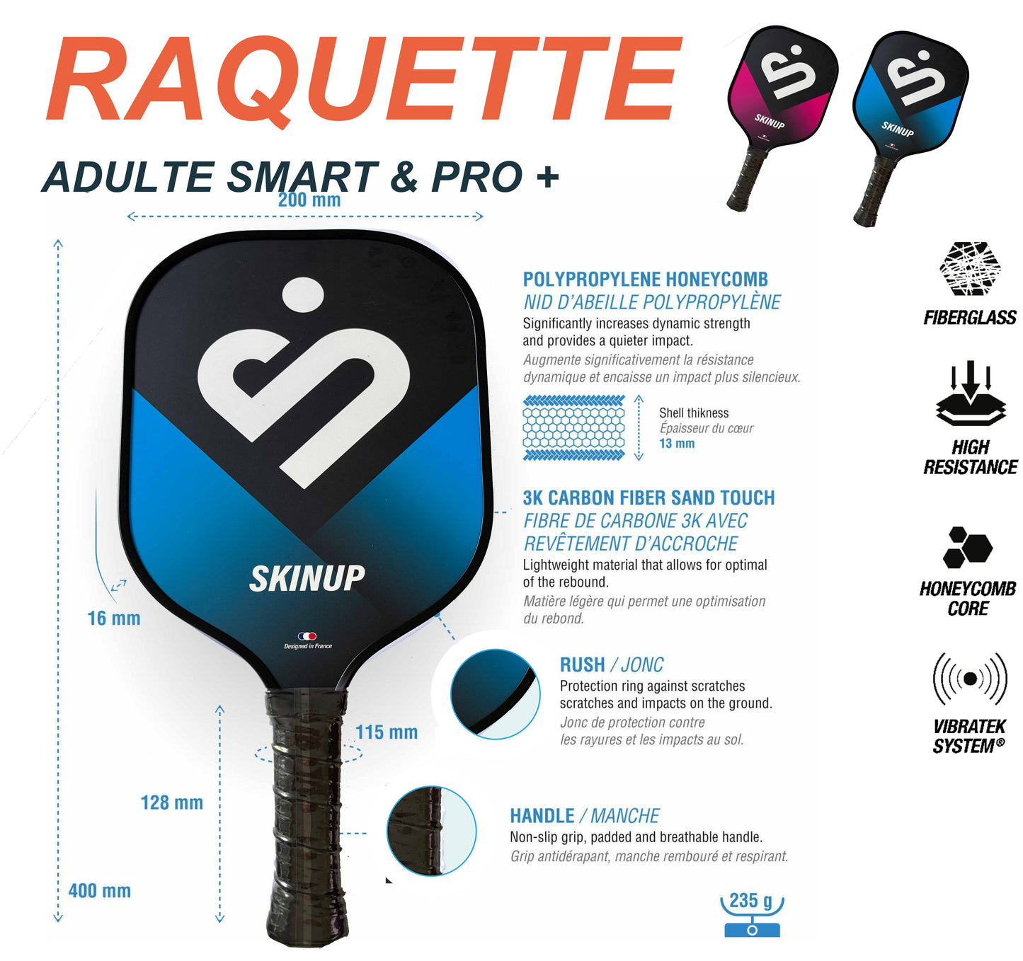 Raquette de pickleball Smart & Pro carbone 3K +