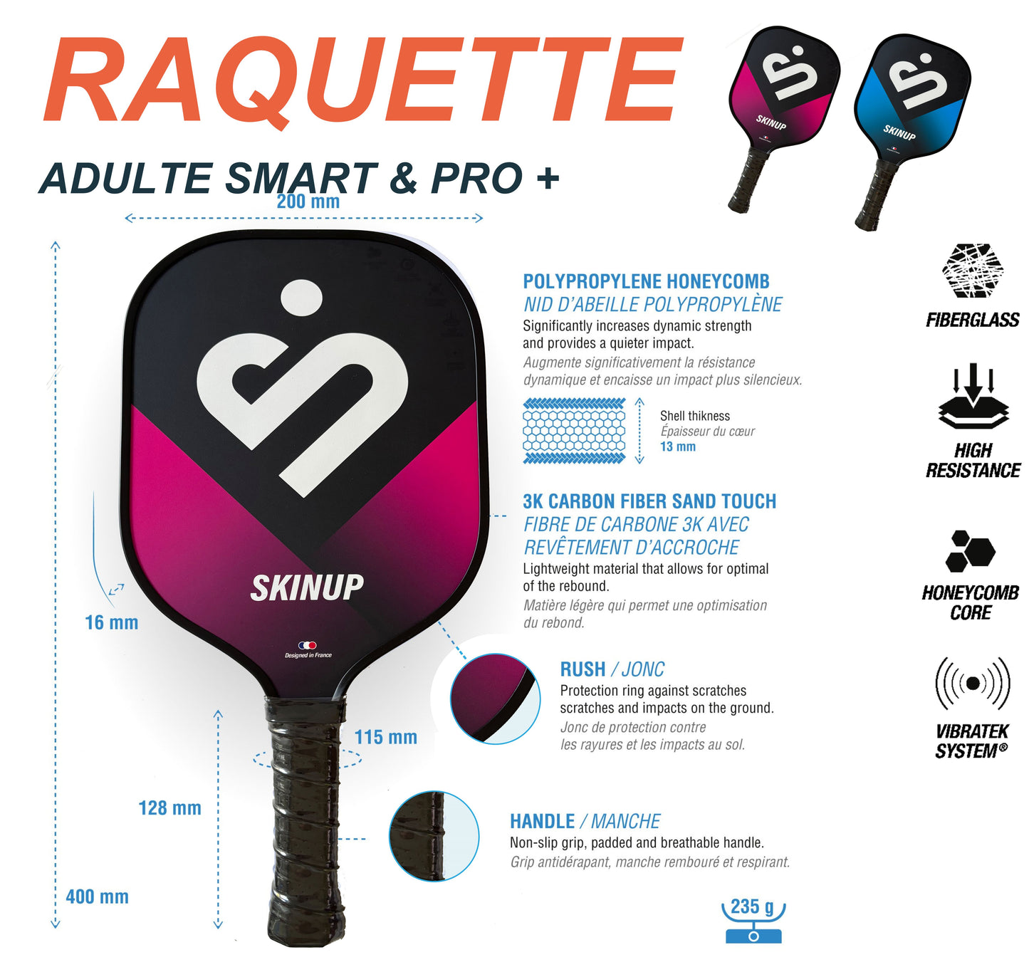 Raquette de pickleball Smart & Pro carbone 3K +