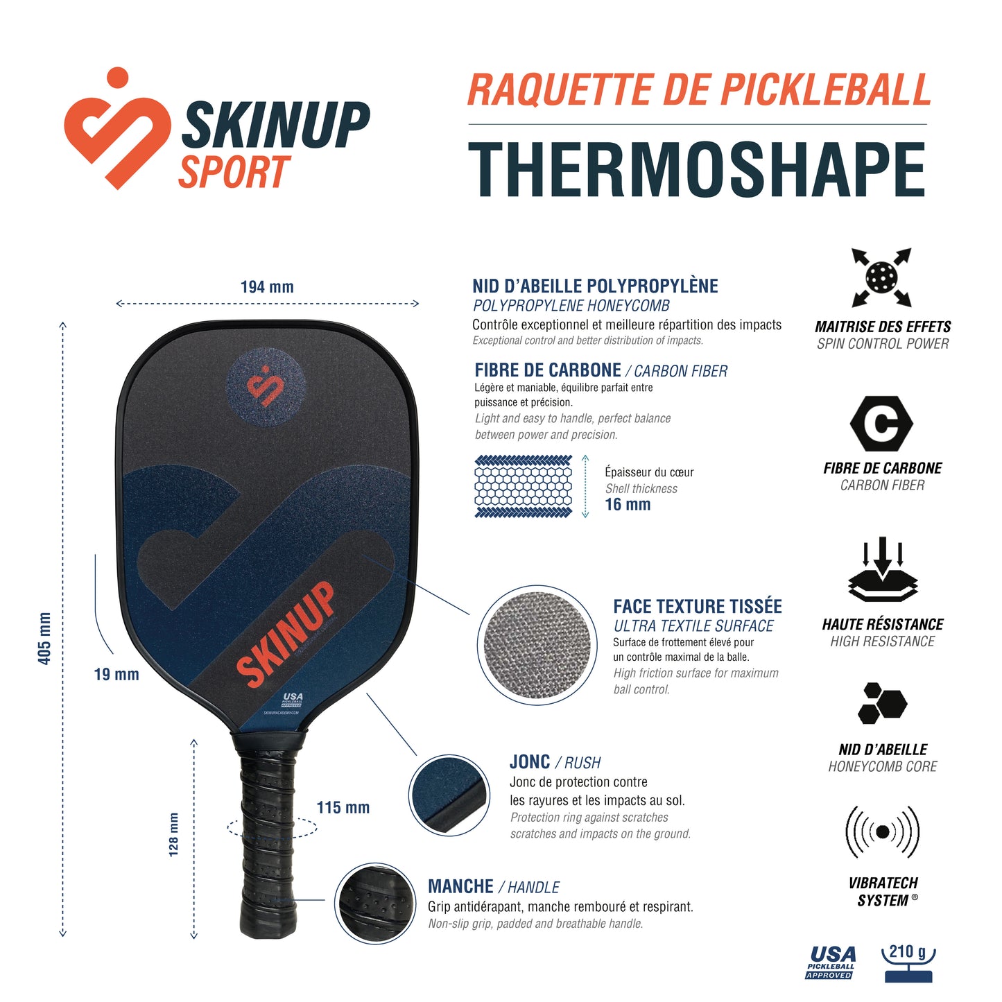 Raquette de pickleball Thermoshape + 16 mm SKINUP SPORT