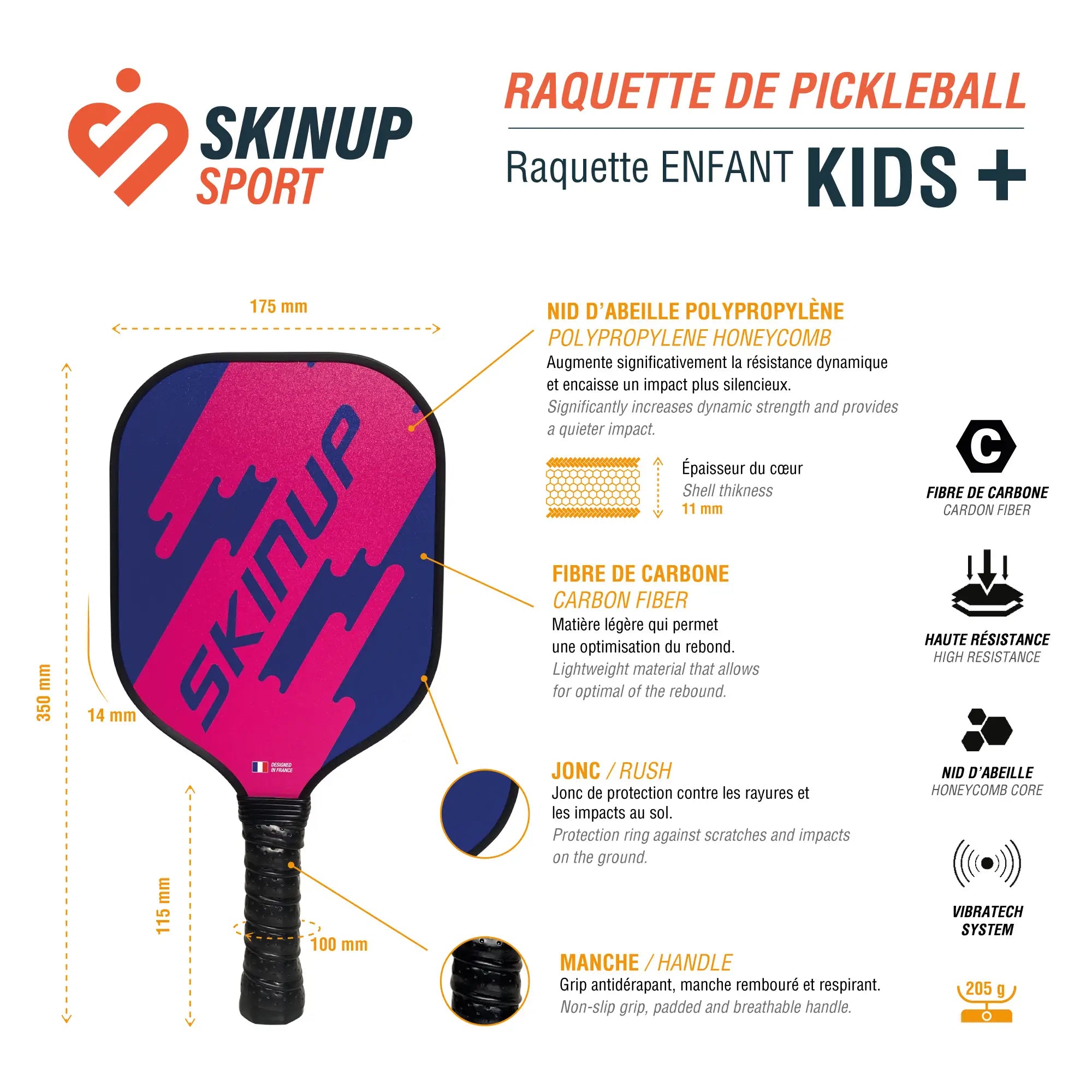 Raquette De Pickleball Enfant SKINUP Sport - Fibre De Carbone, Cœur Polypropylène, 205g, Manche 100mm, Jusqu'à 8 Ans