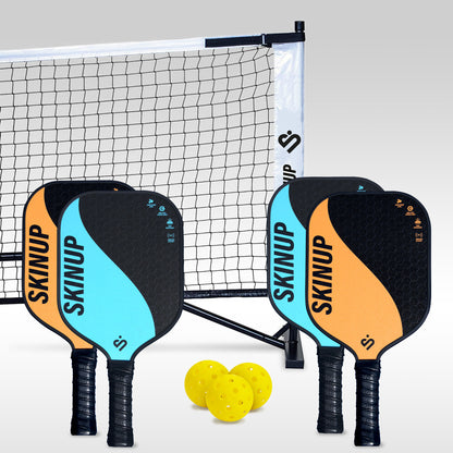 Set van 4 oranje/blauwe Yin Yang pickleball-peddels, 3 ballen en een net