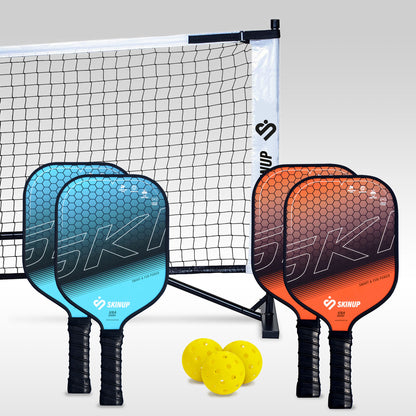 Kit pickleball 3 balles 4 raquettes Smart & Fun orange et bleues et 1 filet SKINUP SPORT – vue du lot