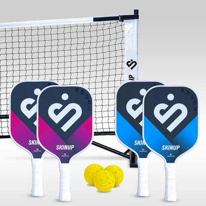 Kit pickleball 3 balles 4 raquettes Smart & Pro bleues et roses et 1 filet SKINUP SPORT – vue du lot