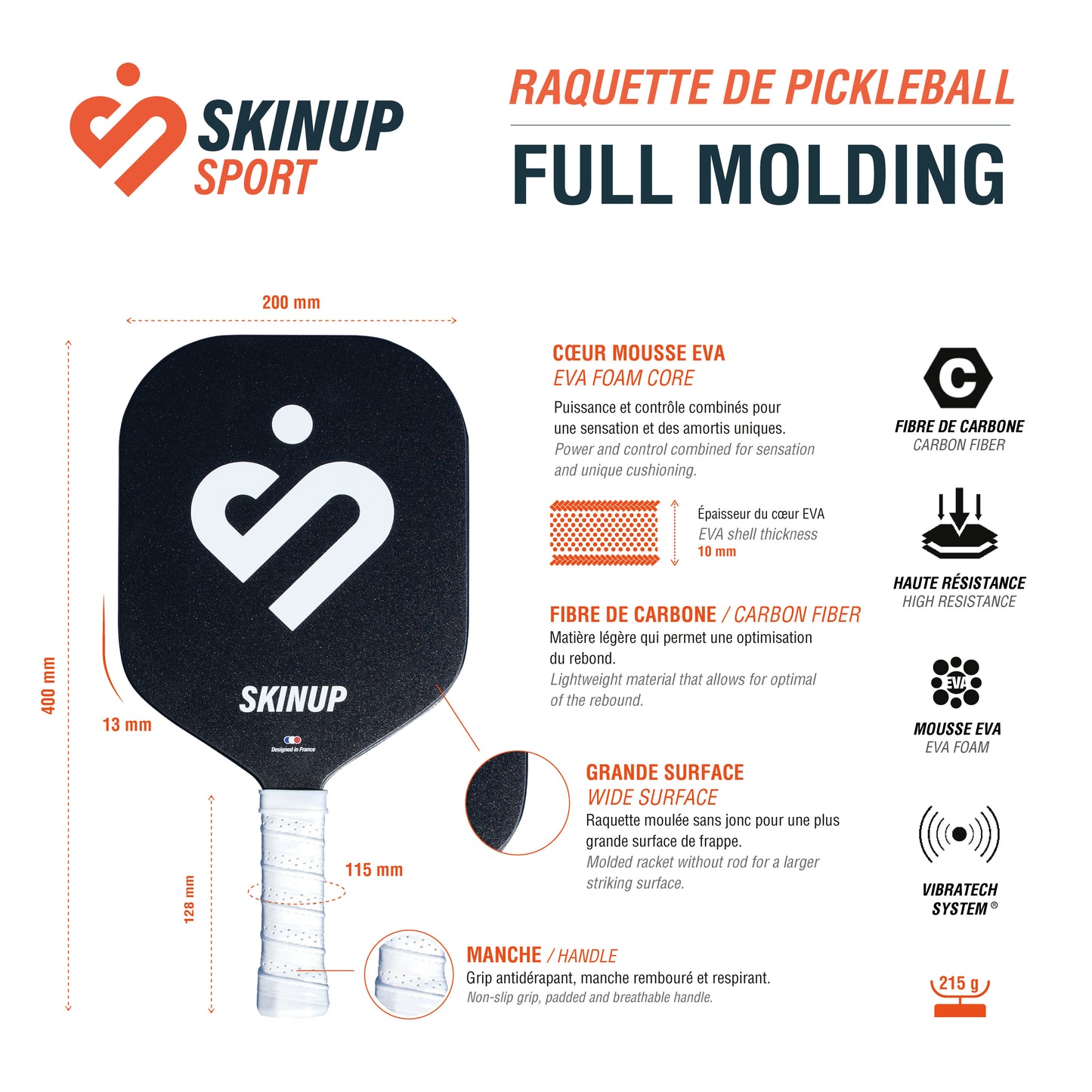 Kit 2 raquettes de pickleball Full Molding, 2 balles et 1 housse SKIN UP SPORT