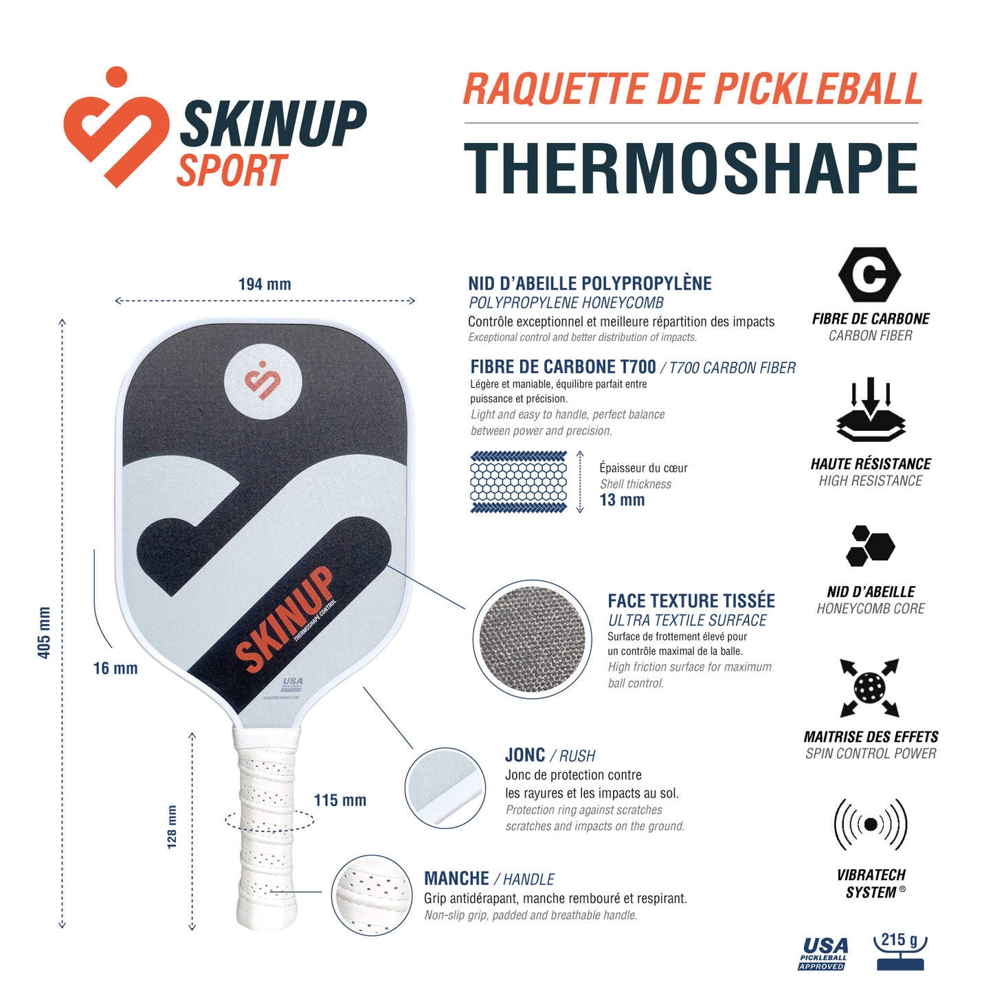 Raquette de pickleball Thermoshape blanc SKINUP SPORT