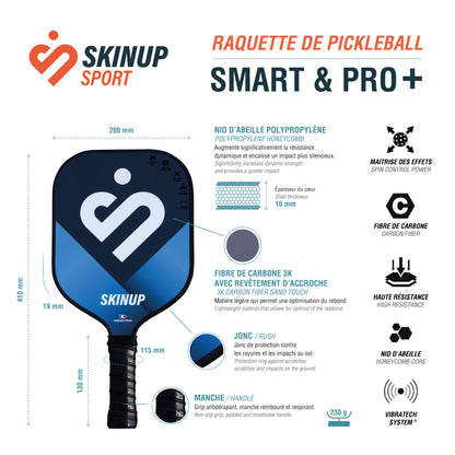 Raquette de pickleball Smart & Pro+ carbone 3K 16 mm SKINUP SPORT