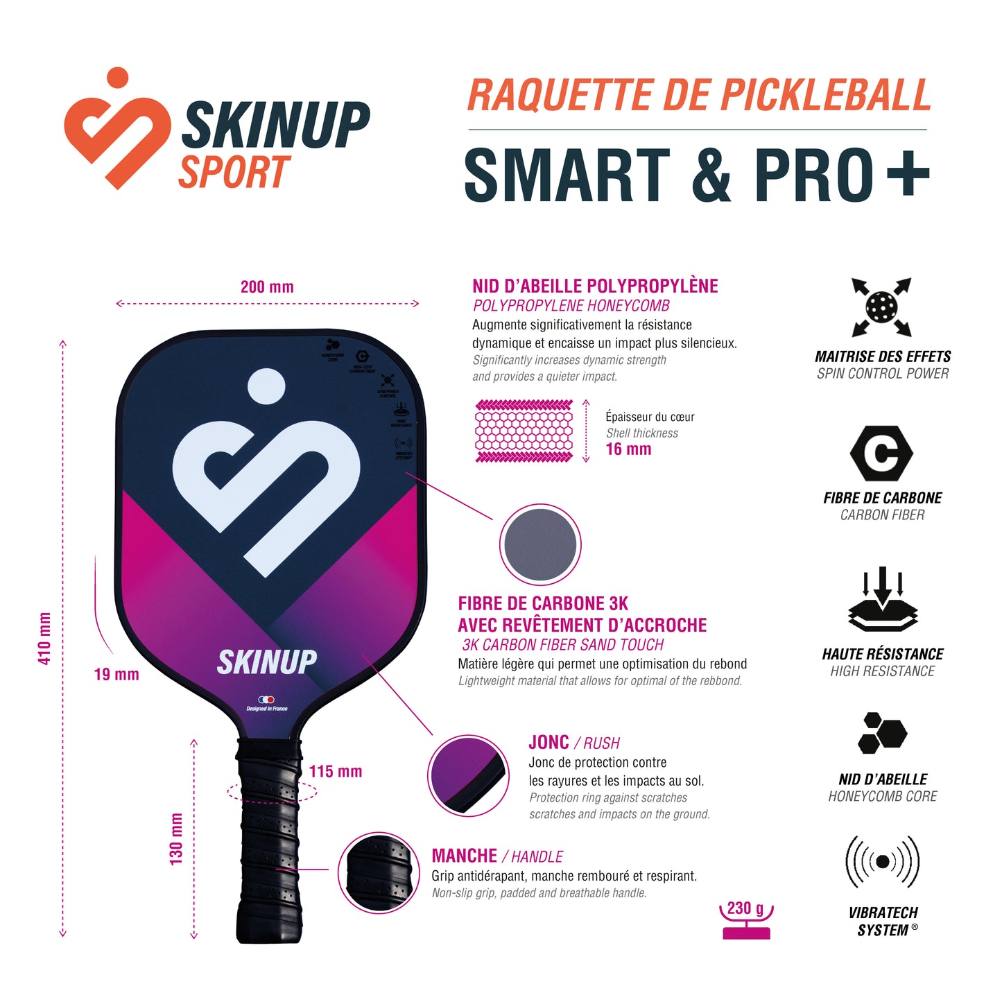Raquette de pickleball Smart & Pro carbone 3K + 19 mm  SKINUP SPORT